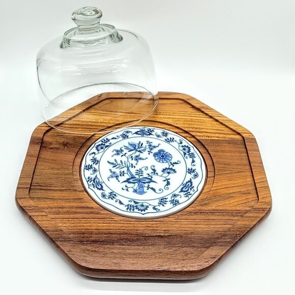 Vintage Dolphin Teakwood Cloche Blue White Center Tile Cheese Board - Picture 2 of 8